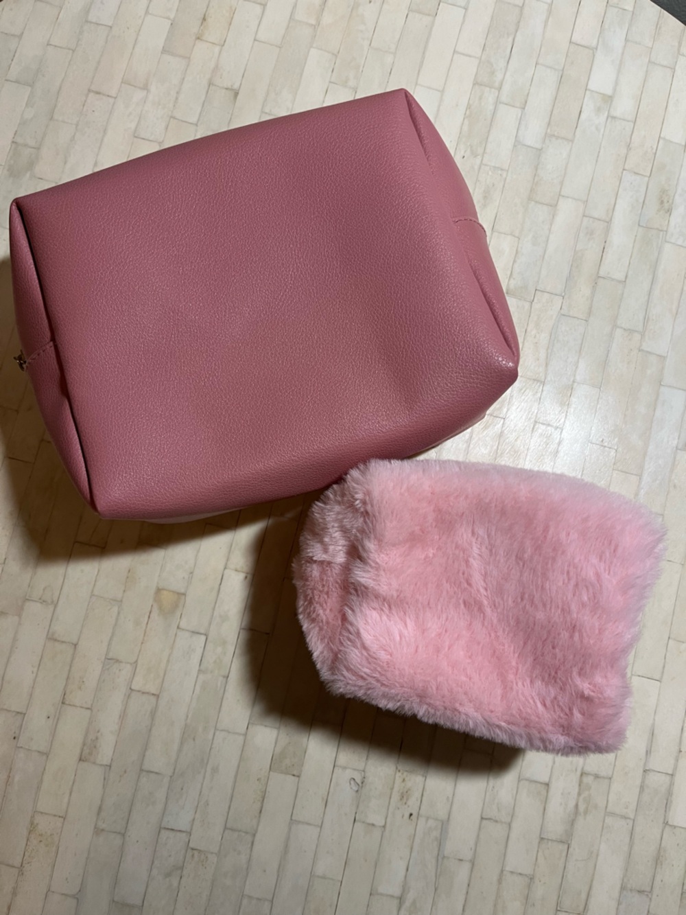 Pink Leather and Faux Fur Makeup Pouch Set - Picture 2 of 10